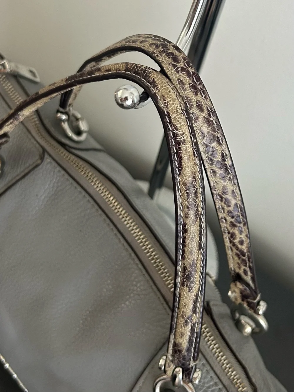 Coach Prairie Satchel Gray Pebbled Leather Crossbody Shoulder Bag Snake Trim